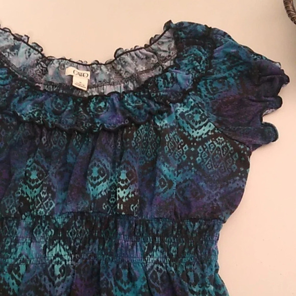 CATO PRINT, PEASANT, GATHERED, SHORT PUFF SLEEVE, STRETCH, TEE - Picture 7 of 8